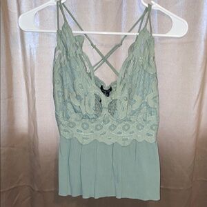 Lace Trim Strappy Top in Light Green